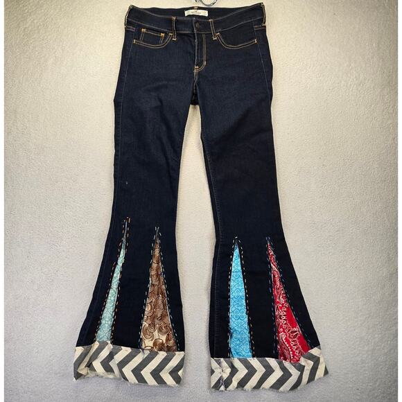 Custom Hollister Patchwork Flare Jeans Juniors 7R (28x32) Dark Y2K Patched - Picture 1 of 16